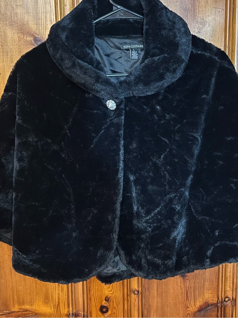 Nina Leonard Black Faux Fur Cape with Decorative Button